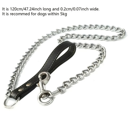 1pc-120cm Anti Bite Dog Chain Leather Handle Chain Durable Metal Anti Chewing Training Dog Leather