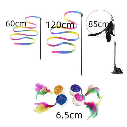 Interactive Cat Toy Handfree Cat Stick Kitten Rainbow Strips Stick Toy Suction Cup Feather Wand Pet Supplies Simulation Feather