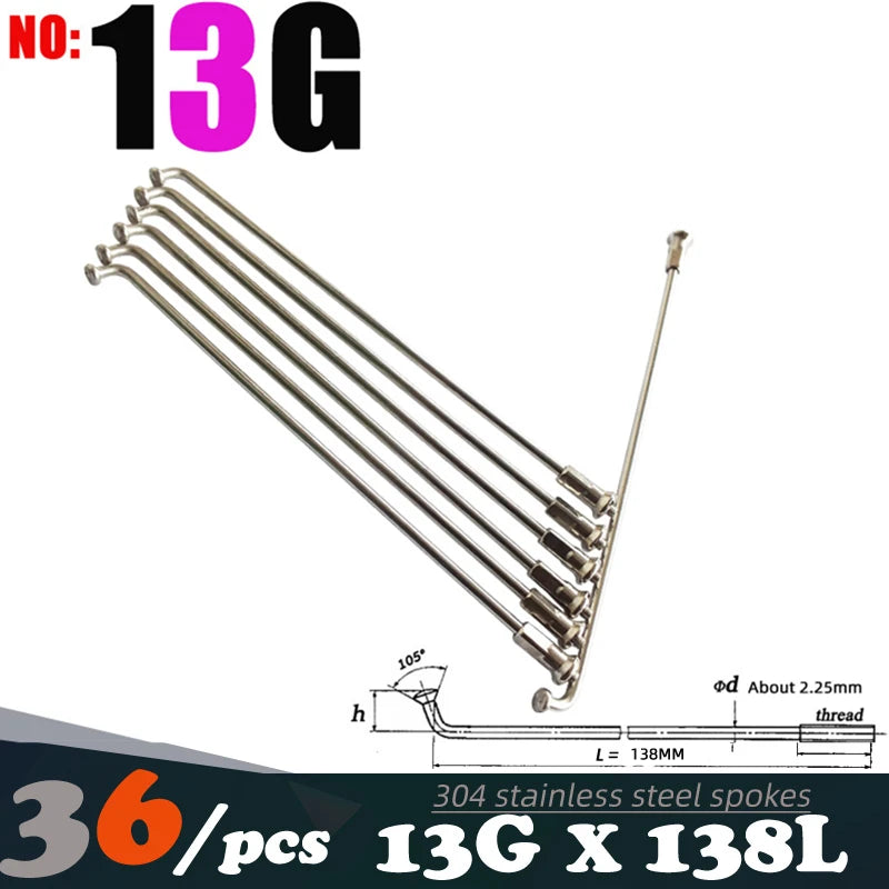 36Pcs 13G(2.25mm)122-240MM 304 Stainless Steel Bicycle Spokes & Nut Electric E-Bike Cycle