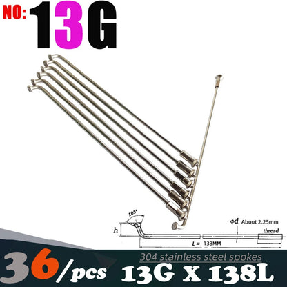 36Pcs 13G(2.25mm)122-240MM 304 Stainless Steel Bicycle Spokes & Nut Electric E-Bike Cycle