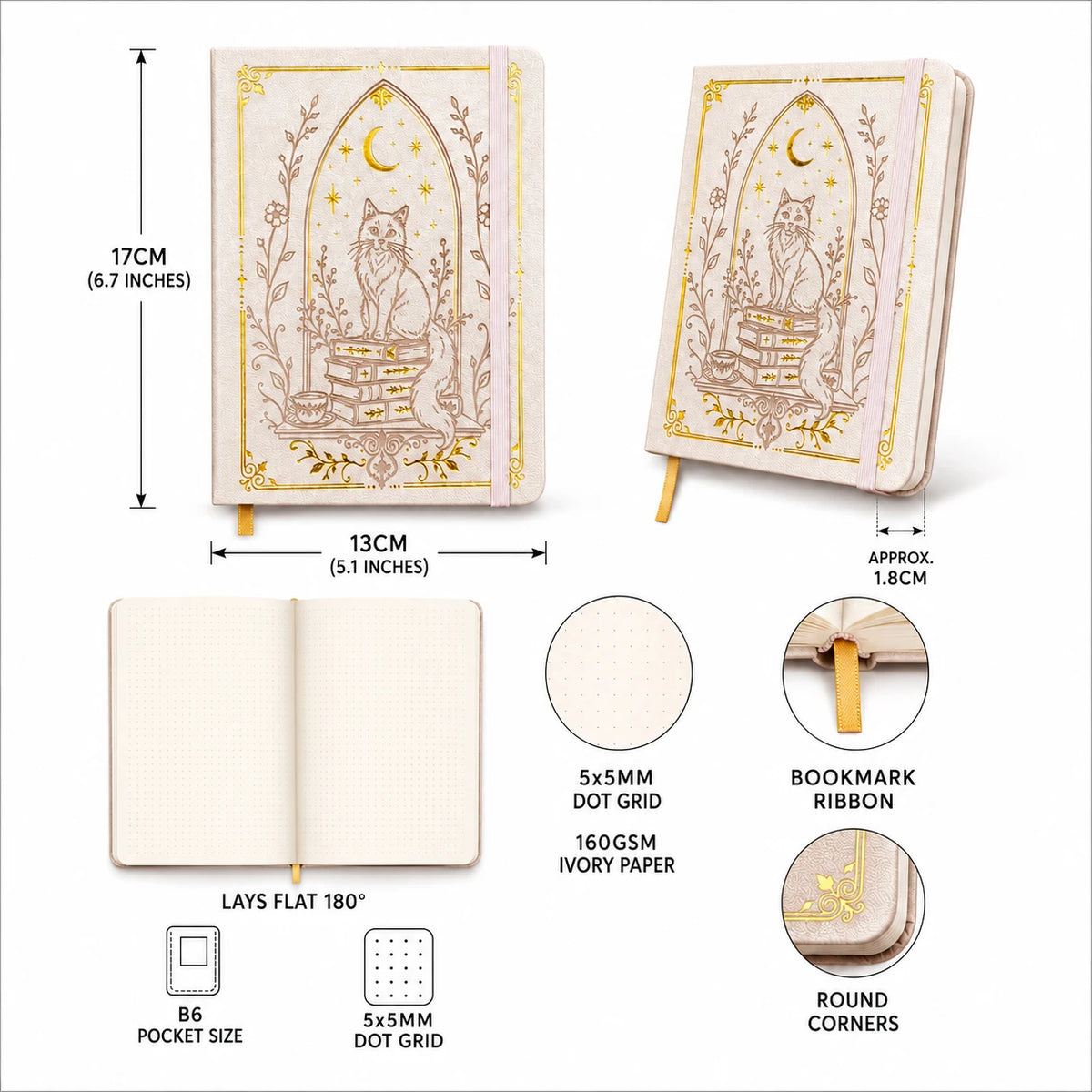 B6 Dot Grid Notebook, 160gsm Ivory Paper, 5mm Dotted Pages, Lay-Flat Hardcover with Gold Foil Cat Moon Design, Elastic Closure