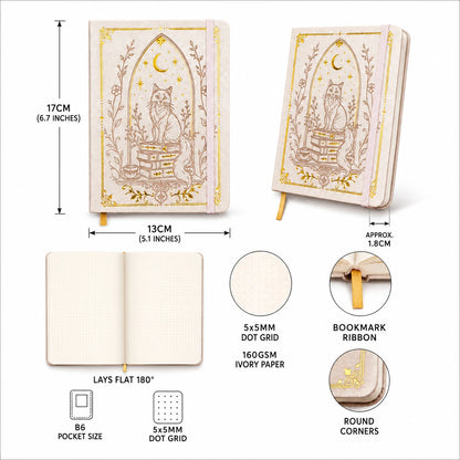B6 Dot Grid Notebook, 160gsm Ivory Paper, 5mm Dotted Pages, Lay-Flat Hardcover with Gold Foil Cat Moon Design, Elastic Closure
