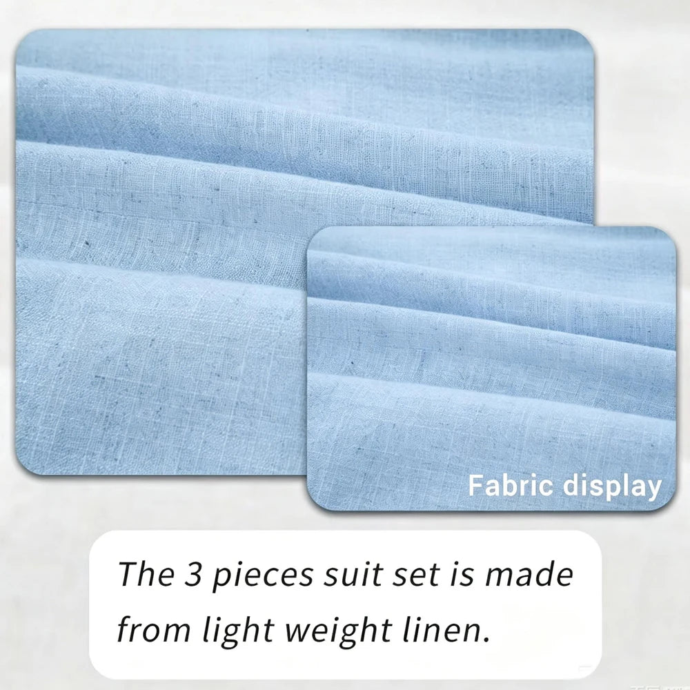 Men's 3 Piece Linen Suit, Slim Fit Notch Lapel Single Breasted Blazer Vest Pants Set Breathable Casual Business Wedding Suit