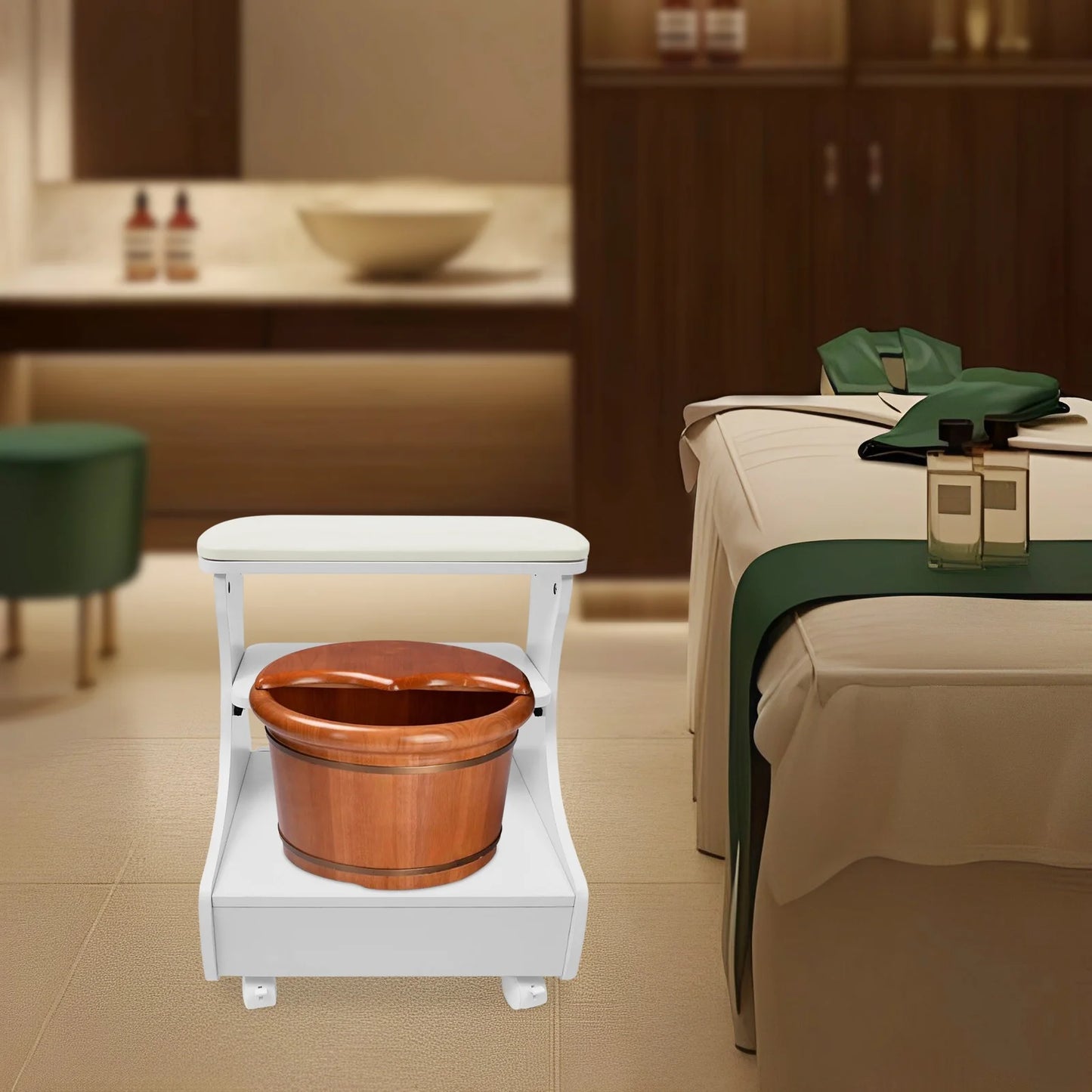 Home Wheeled Foot Bath Stool With Lockable Wheels Removable Storage Shelf Hidden Drawer Soft Skin-Friendly Cushion Lightweight Stable MDF Construction Easy Clean Multifunctional Foot Massage Pedicure Station For Bathroom Dail