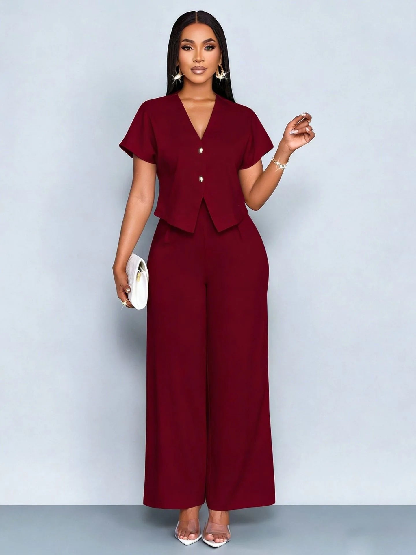 Summer Elegant 2 Piece Suit For Women V Neck Short Sleeve Blouse Top High Waist Wide Leg Pants Set Casual Business Office Outfit