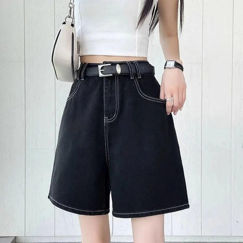 Summer Lady High Waist Casual Short Jeans Girls Classic Fashion Thin Straight Leg Pants Women Korean Solid Denim Shorts