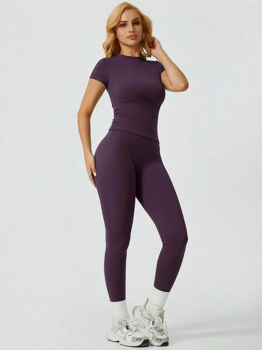 2 Piece Yoga Set Women Short Sleeve Top High Waist Leggings Gym Workout Clothing Tummy Control Fitness Sportswear Activewear Sui