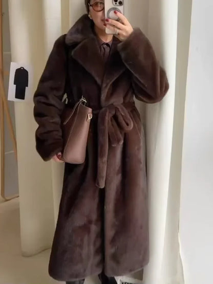Women Elegant Solid Color Faux Fur Long Coat Notched Collar Belted Waist Loose Oversized Warm Winter Street Thick Outerwears New