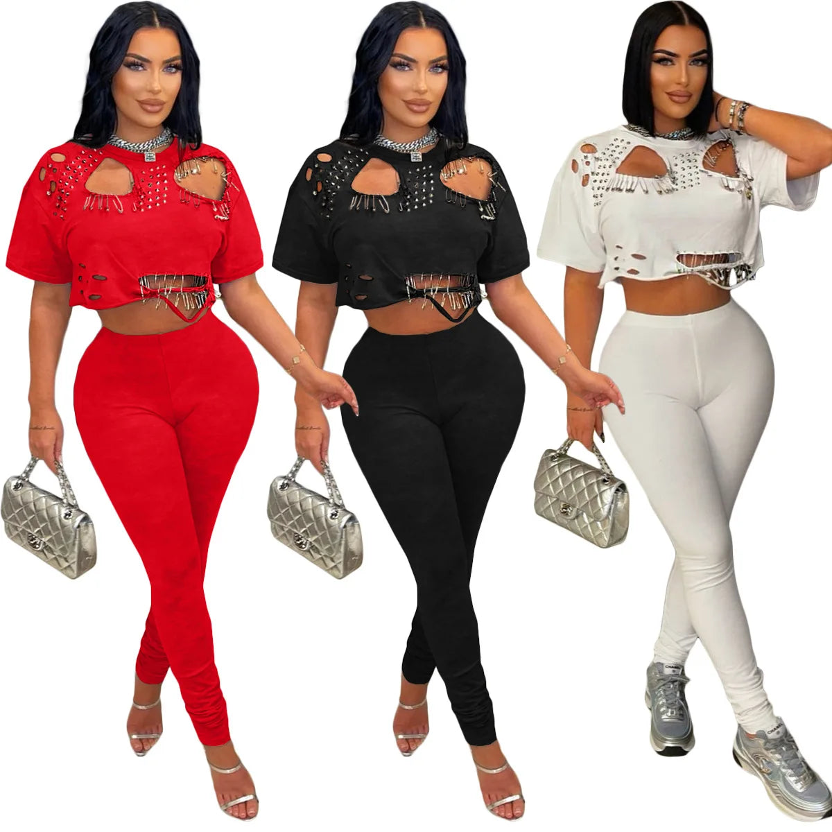 Women's Fashion White Two Piece Set Solid Loose Round Neck Piercing Pin Short T-shirt Pants 2026 Spring/Summer Set Red Black