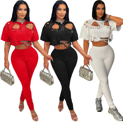 Women's Fashion White Two Piece Set Solid Loose Round Neck Piercing Pin Short T-shirt Pants 2026 Spring/Summer Set Red Black