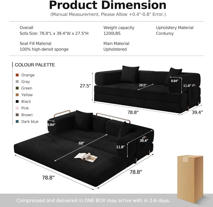 MoonSpeak 78.8''Sleeper Couch Bed for Livingroom,Convertible Modular Sofa with Armrest Pillow,Modular Foldable Corduroy Couches