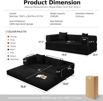 MoonSpeak 78.8''Sleeper Couch Bed for Livingroom,Convertible Modular Sofa with Armrest Pillow,Modular Foldable Corduroy Couches