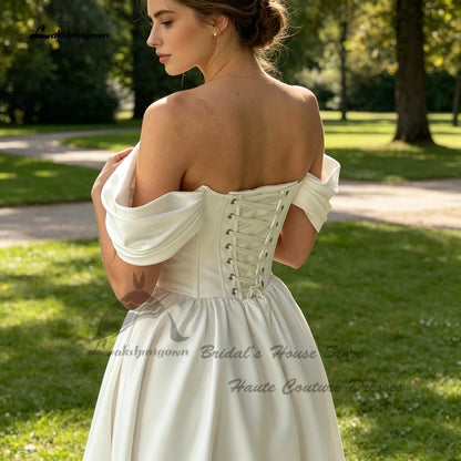 Lakshmigown Minimalist Satin Corset Wedding Dresses 2027 Sexy Women A Line White Bridal Dresses Off Shoulder Customized