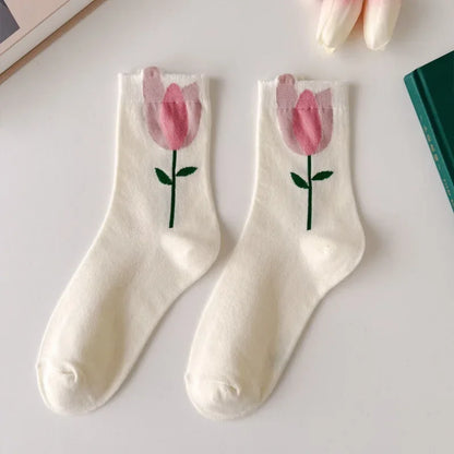 New Style Crew Socks for Women Spring Fashion Cute Flower Long Cotton Socks Japanese Style Breathable Casual Trendy Absorb Sweat