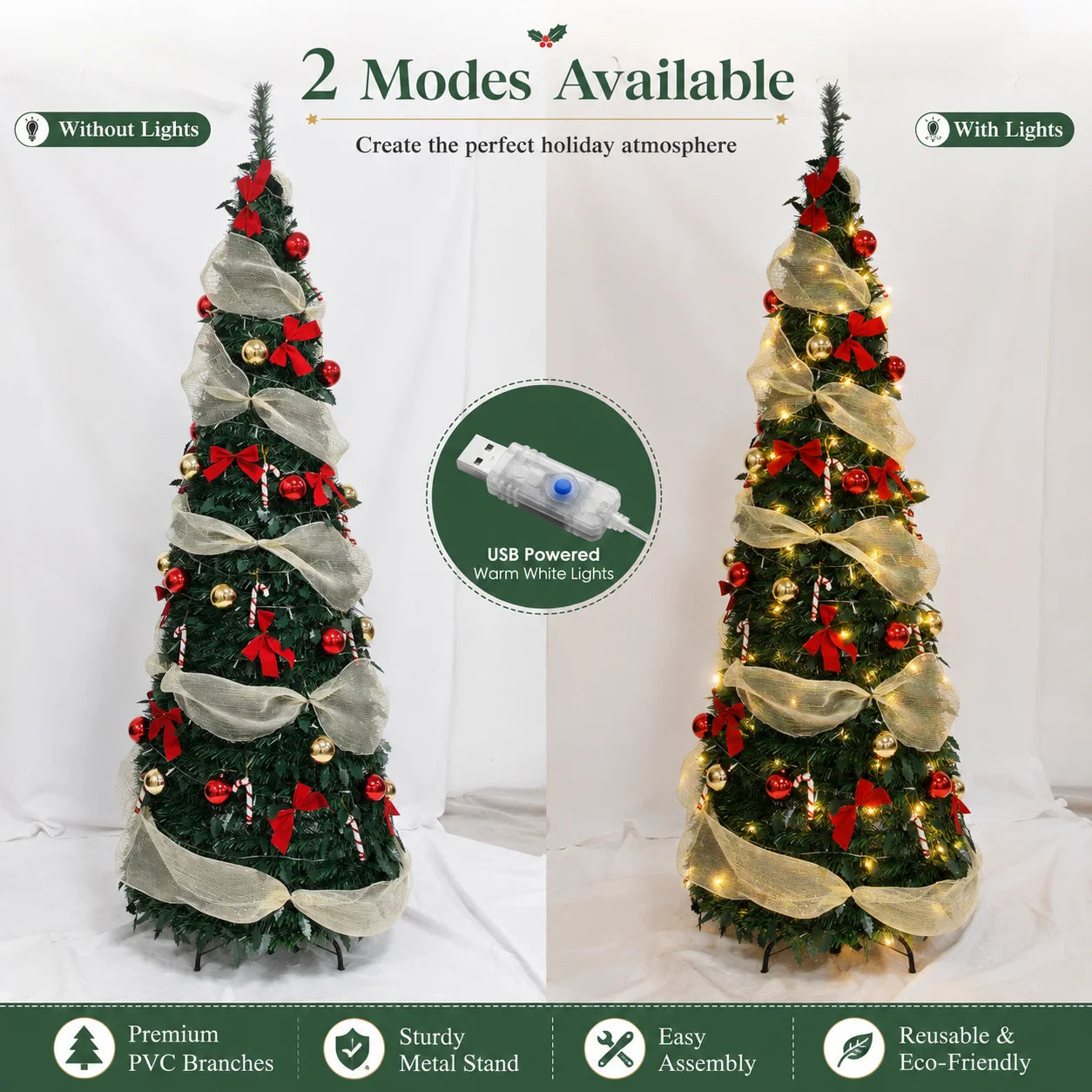 Artificial Christmas Tree with Lights Red Gold Decorations PVC Xmas Tree Easy Assembly 150/180/210cm Holiday Home Decor