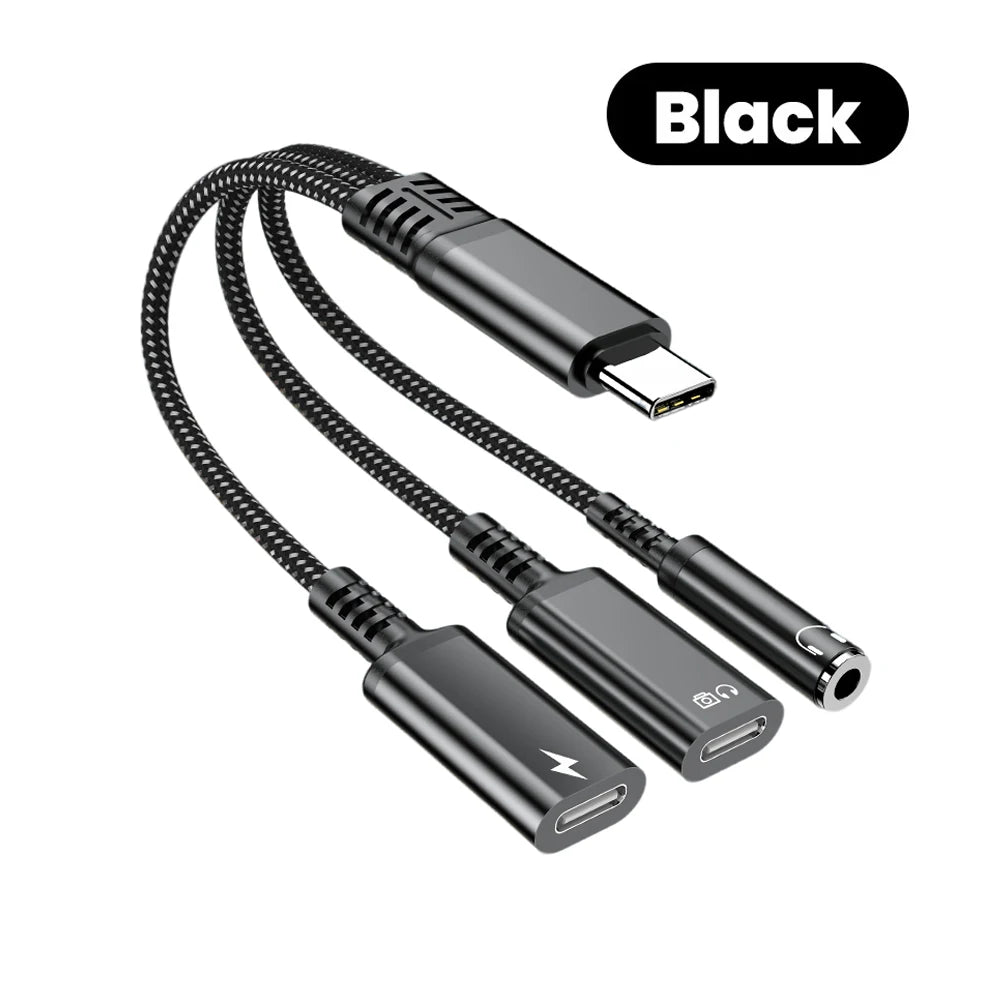 PD 60W Type C to Dual Type C 3.5mm Headphone and Charger Adapter 3 In1 USB C to AUX Audio Jack Dongle Cable For Samsung IPhone16