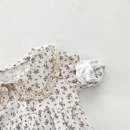Newborn Girl Cotton Floral Doll Lace Collar Long Sleeve Princess Romper + Hat Suit Baby Clothes Set 0-2 Years Old