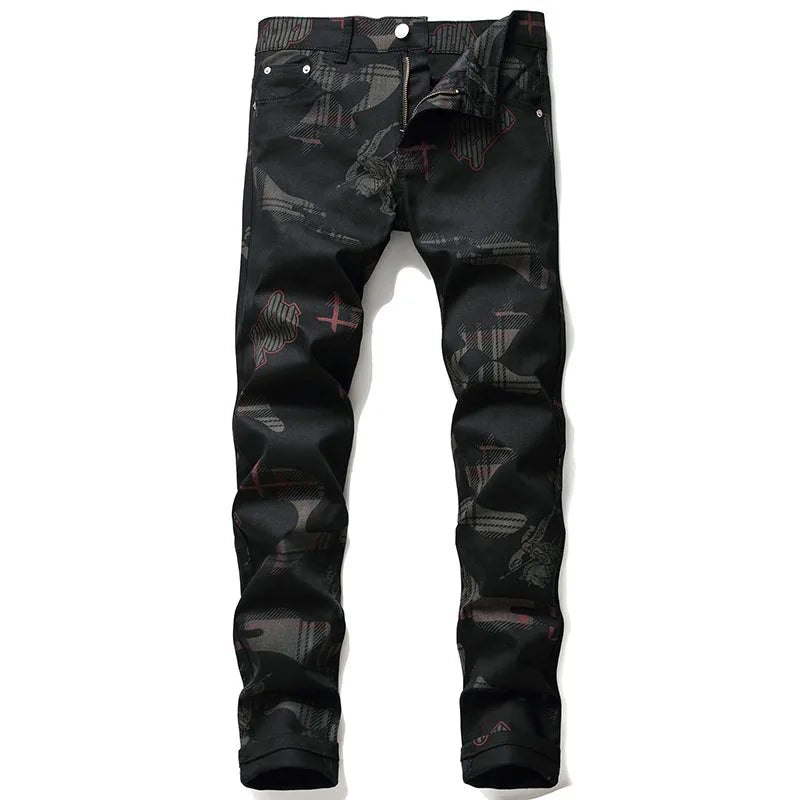 New Fashion Spring Autumn Men's 3D Printed Jeans Pantalon Hombre Black White Nightclubs Young Skinny Biker Denim Trousers