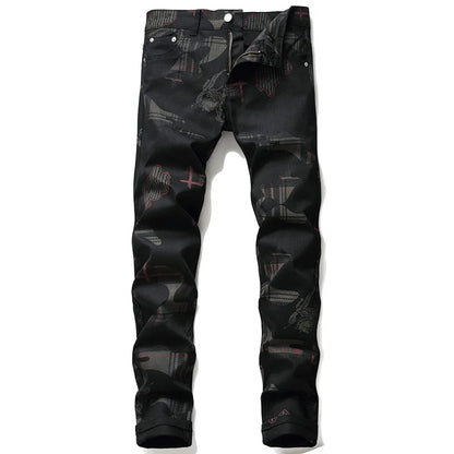 New Fashion Spring Autumn Men's 3D Printed Jeans Pantalon Hombre Black White Nightclubs Young Skinny Biker Denim Trousers
