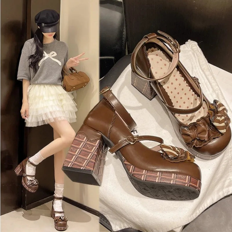 2025 Sweet Girls Lolita High Heels Platform Pumps Bowknots Ankle Strap  Janes Shoes for Women Spring Autumn Heels