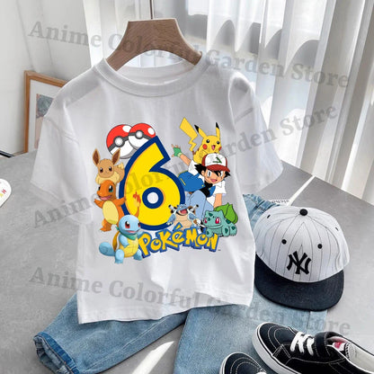 Anime Pokemons Kawaii T-shirts for Children Pikachu Cartoon Number Printed Short-sleeved Top Boys Girls Summer Fashion T-shirt