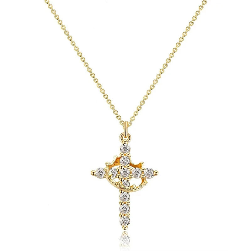 Exquisite Crown Cross Rhinestone Rotating Necklace for Women Fashion Copper Stainless Steel Necklace Party Banquet Jewelry Gift