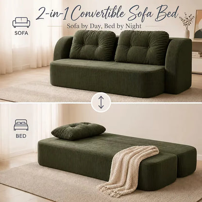 Vacuum Compressed Sofa Bed Convertible 2 in 1 Folding Couch with Soft Cushions Space Saving Floor Sofa for Living Room Bedroom Apartment Guest Room Lounge Modern Upholstered Sleeper Sofa in Blue or Green Easy Setup Comfortabl