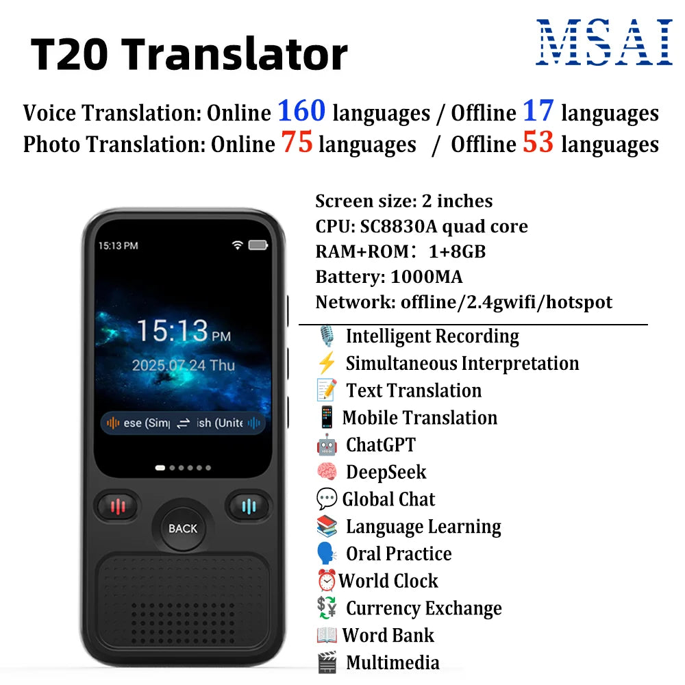 MSAI T20 Portable Translator 15 Offline Languages 98% Accuracy Tow-Way Realtime 160 Online Translation for Travel Business