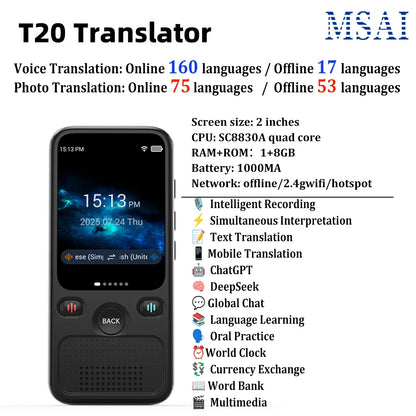 MSAI T20 Portable Translator 15 Offline Languages 98% Accuracy Tow-Way Realtime 160 Online Translation for Travel Business