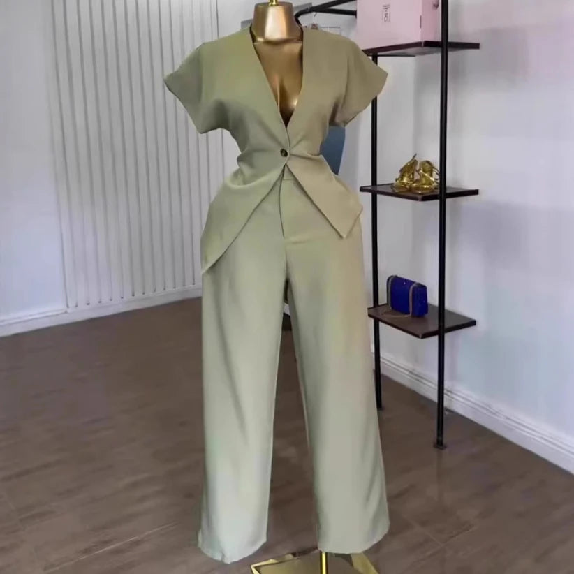 Women Pant Set Two Piece Sets V Neck Short Sleeve Tops Wide Leg Long Pants High Waist Y2k Streetwear Elegant Summer 2026