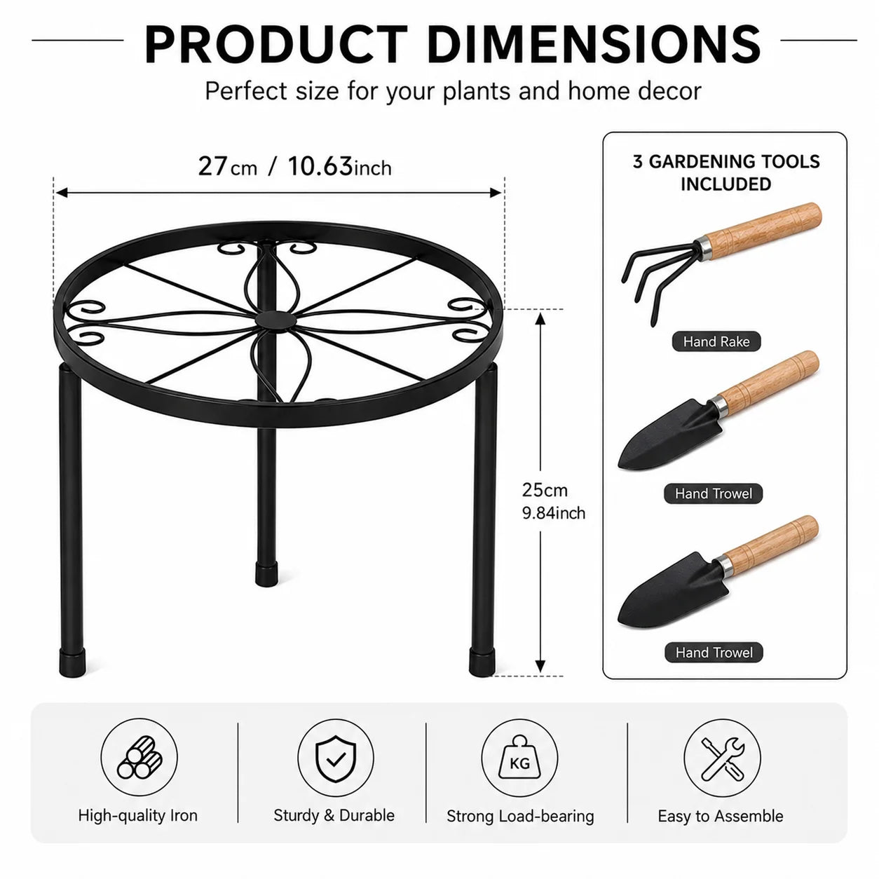 Round Metal Plant Stand, Heavy Duty Black Iron Plant Pot Stand with Raised Edge, Indoor & Outdoor Flower Pot Holder for Living Room, Balcony, Patio & Garden