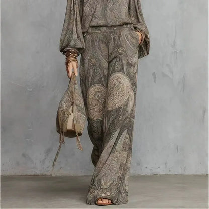 Boho Women 2‑Piece Outfit Vintage Paisley Print Long‑Sleeve Blouse High Waist Wide‑Leg Pants Casual Vacation Matching Set