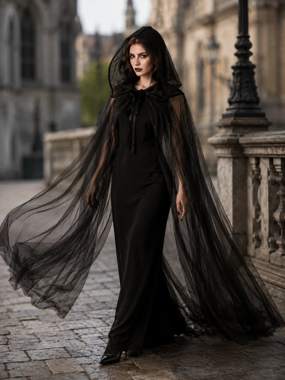 Sheer Tulle Hooded Full‑Length Cape for Women, Lightweight Flowy Gothic Cloak with Neck Tie, Halloween Witch Vampire Cosplay Costume Accessory for Fancy Dress Party Photo Shoot