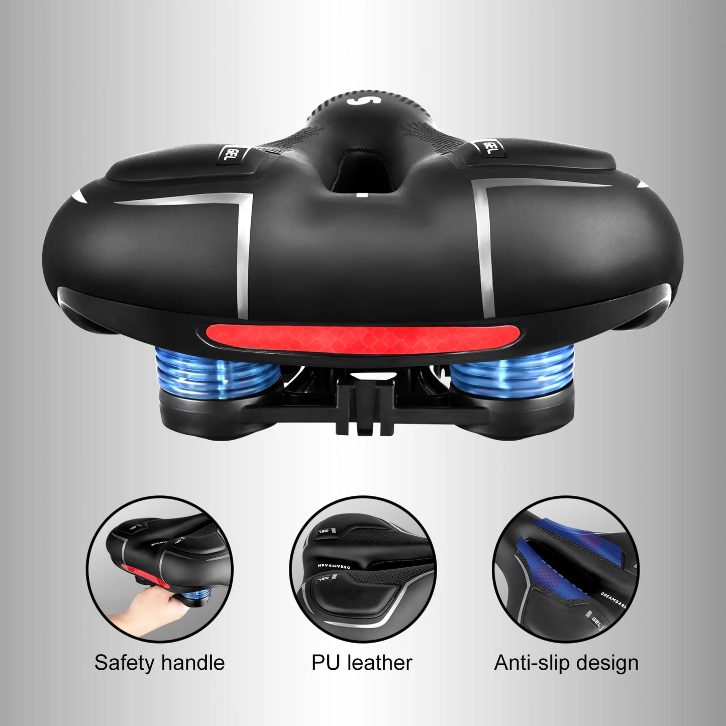 Comfort Bicycle Saddle Extra Wide MTB Road Bike Seat with Memory Foam Silicone Gel Cushion, Shock Absorbing Hollow Breathable PU Leather Bike Saddle with Suspension Balls, Rain Cover and Tools for Mountain City Cycling