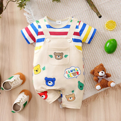 Newborn Baby Clothes Rainbow back strap bear print pocket cotton Fashion Infant Jumpsuit Toddler Short Sleeve One-piece Pajamas