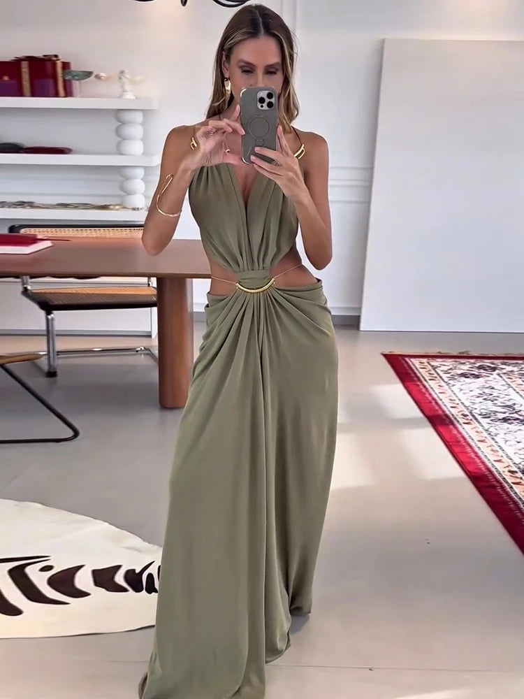 Sexy Women's Backless Dress Halter Sleeveless Waist Hollow Out Solid Female Dresses 2026 Summer Vacation Beach Fashion Lady Robe
