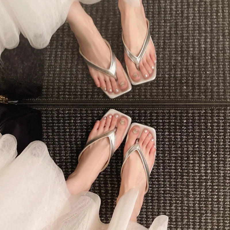 2025 New  Summer New Soft Leather Square Toe Cat with Flip-flops Women Fashion Thin Belt Thin Heel Soft Sole Flip-flops