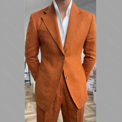 Chic Linen Men Suits 2 Piece Summer Single Breasted Notch Lapel Suit High Quality Wedding Casual Office Party Prom Costume Homme