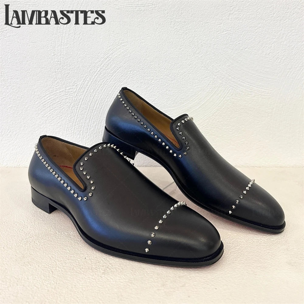 Trimmed Studded Leather Mens Loafers Metal Rivet Slip on Shoes Polished PU Leather Men's Formal Dress Shoes Customizable Colors