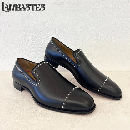 Trimmed Studded Leather Mens Loafers Metal Rivet Slip on Shoes Polished PU Leather Men's Formal Dress Shoes Customizable Colors