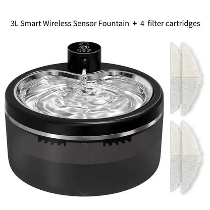 3L Wireless Cat Water Fountain Mute Pet Water Dispenser With Stainless Steel Tray and Intelligent Sensing, 4000mAh Large Battery