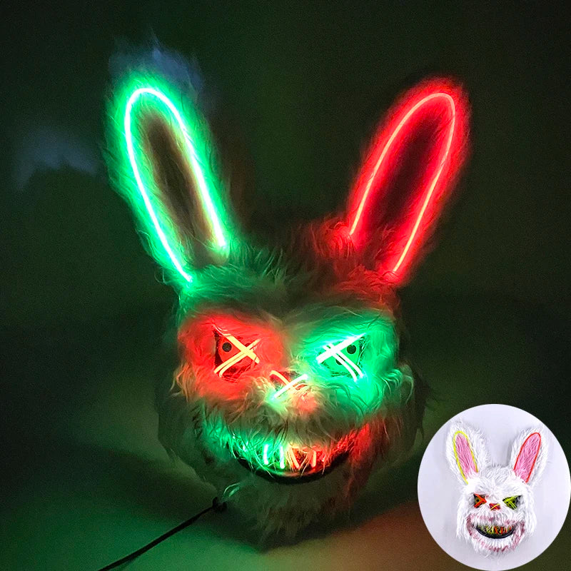 LED Bloody Rabbit Mask Glowing Killer Black Bear Mask Halloween Dance Party Cosplay Costume Props Assassinated Plush Rabbit Mask