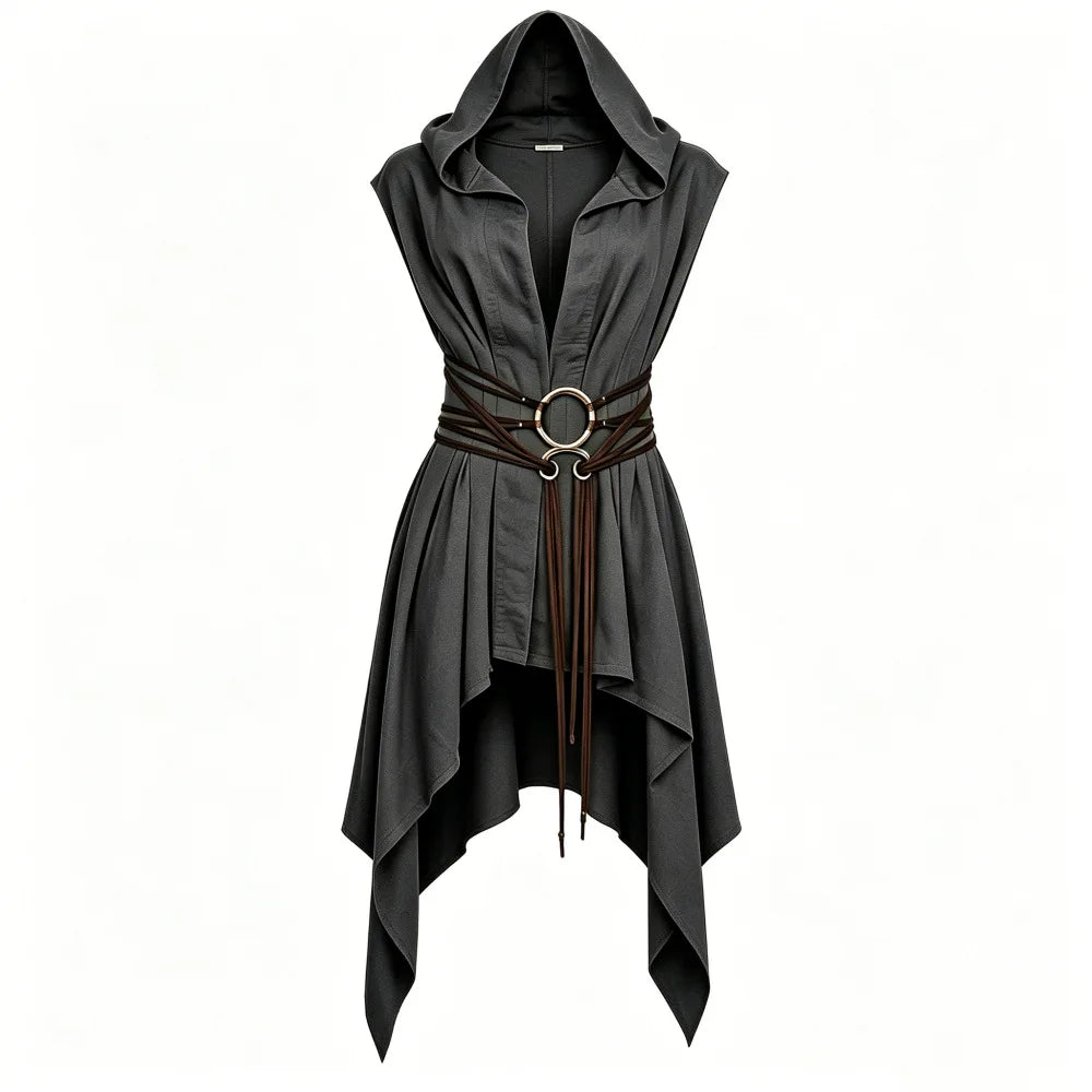 Women Irregular Hem Renaissance Elf Tunic Robe Medieval Ranger Hooded Sleeveless Cloak Belt for LARP Halloween Witch Hunter