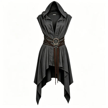 Women Irregular Hem Renaissance Elf Tunic Robe Medieval Ranger Hooded Sleeveless Cloak Belt for LARP Halloween Witch Hunter