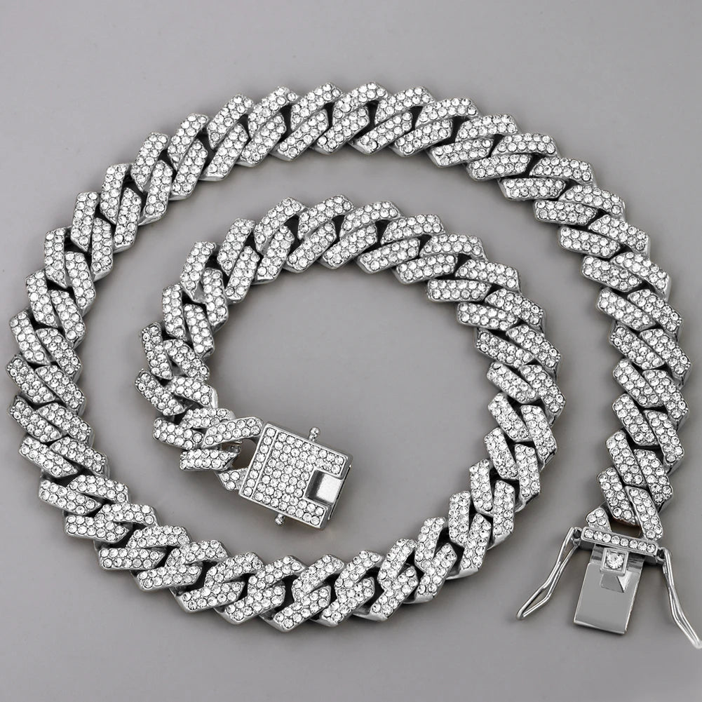 14mm Iced Out  Prong Cuban Link Chain Necklace for Men Women 2 Row Rhinestone Paved Miami Rhombus Hip Hop Jewelry Wholesale