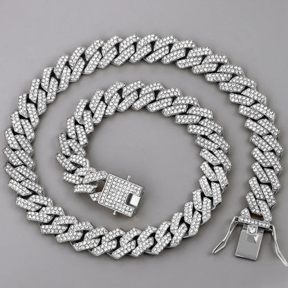 14mm Iced Out  Prong Cuban Link Chain Necklace for Men Women 2 Row Rhinestone Paved Miami Rhombus Hip Hop Jewelry Wholesale