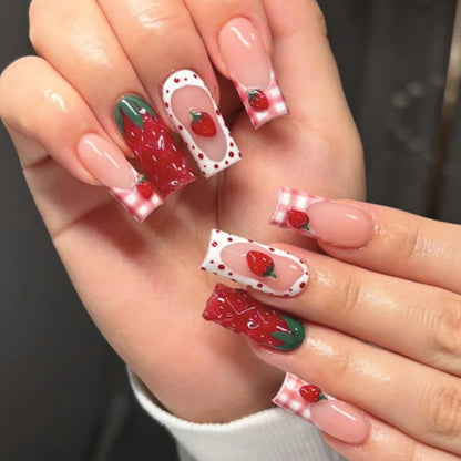 3D Lemon Blue White Striped French Nail Art Summer Chic Short Round False Nails Detachable Finished Fake Nails Press on Nails