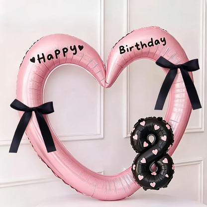 7Pcs 16inch Black Number Hollow-Out Heart Balloons and Heart Stickers Set, Includes 2 Number Balloons, 2 Stickers, 1 Glue Stick, 2 25cm Ribbons, for Birthday Parties, Wedding Anniversary Celebrations, Holiday Decorations