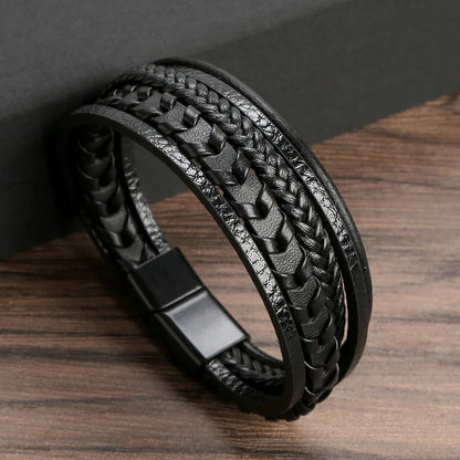 Multi Layer Braided Rope Bracelets for Men,Classic Handmade PU Leather Wristband with Magnetic Buckle,Trendy Punk Jewelry Gift