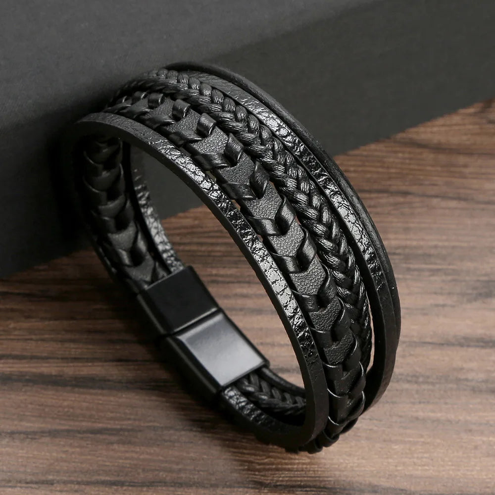 Multi Layer Braided Rope Bracelets for Men,Classic Handmade PU Leather Wristband with Magnetic Buckle,Trendy Punk Jewelry Gift